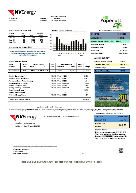 USA Nevada NV Energy business utility bill template in Word and PDF formats